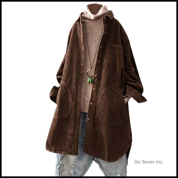 Tops - Corduroy Shacket Button Down Blouse Long Sleeve Oversized Chic Fall Tunic